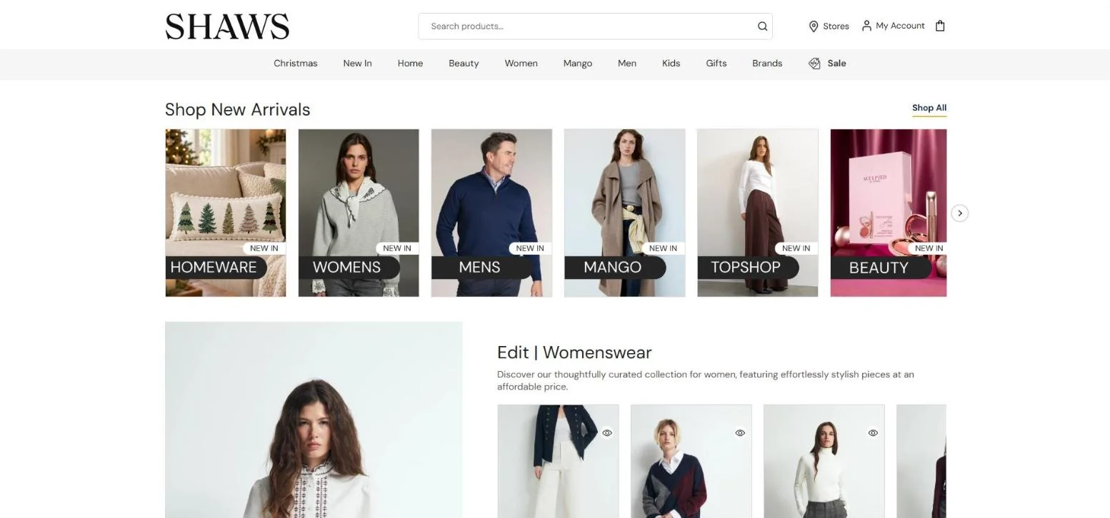 Shaws · Secções da homepage
